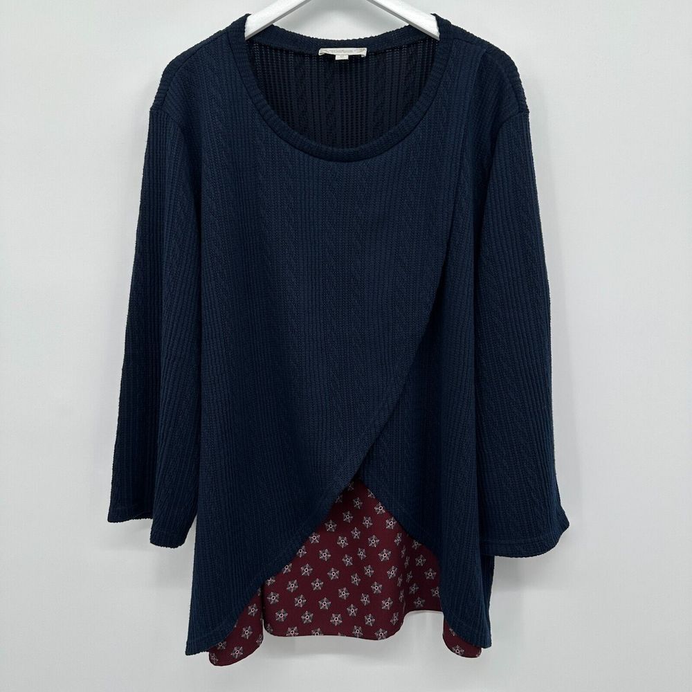 Weekend Suzanne Betro Sweater Pullover Size 4X Blue 3/4 Sleeve Stretch‎ Twofer